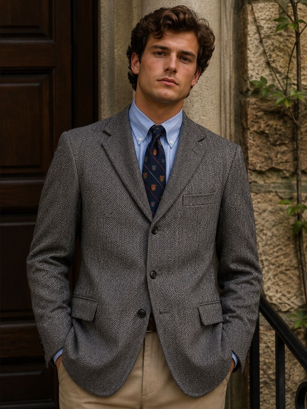 Lands’ End Men’s 43L Gray Herringbone Wool Blazer Sport Coat Jacket Lambswool